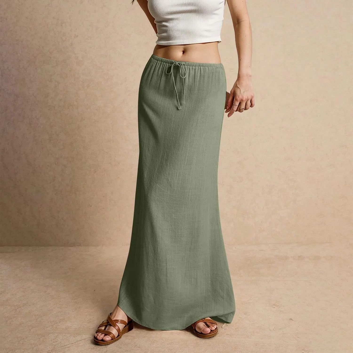 ZWRXW Linen Maxi Skirts for Women Cotton Linen Skirt Elastic Waist Drawstring Waist A Line Skirts Flowy Ankle-Length Skirt