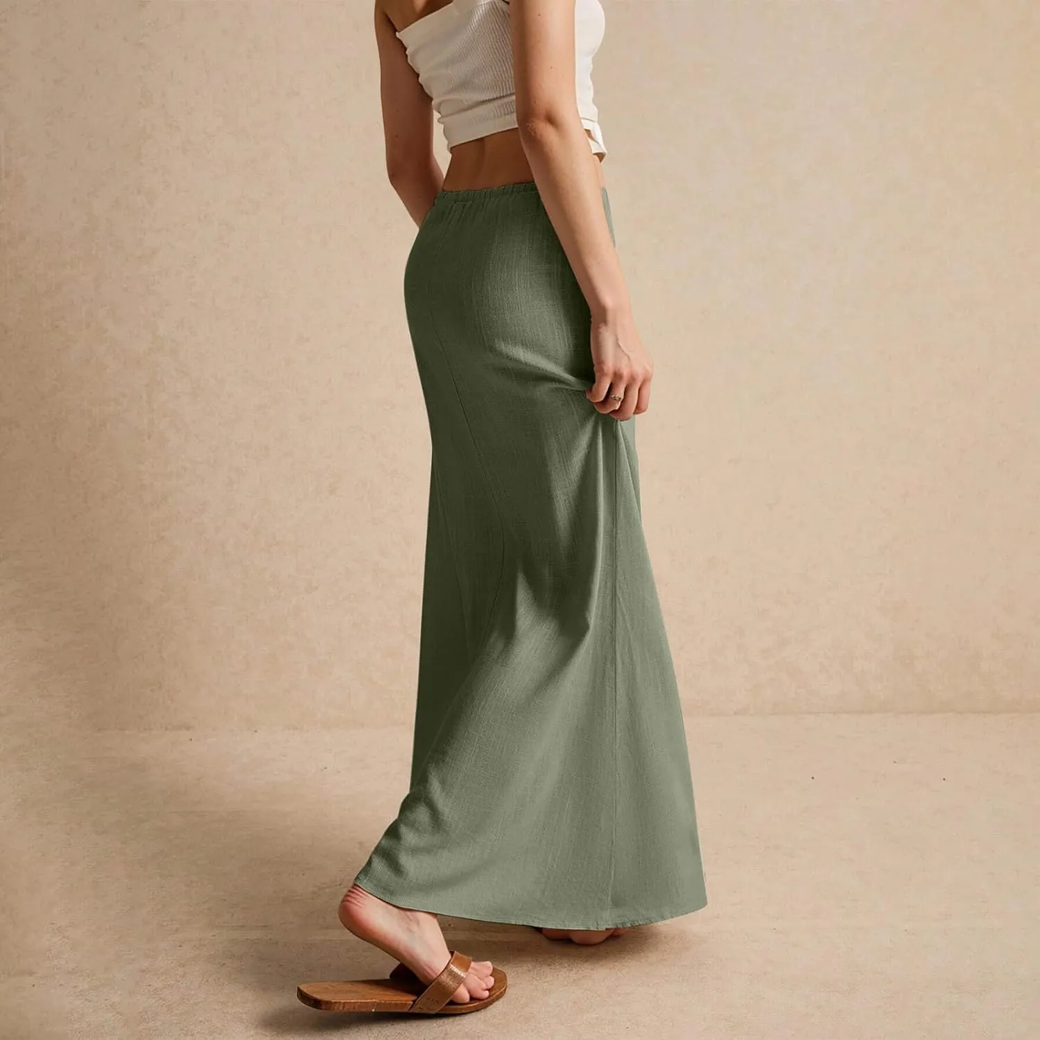 ZWRXW Linen Maxi Skirts for Women Cotton Linen Skirt Elastic Waist Drawstring Waist A Line Skirts Flowy Ankle-Length Skirt