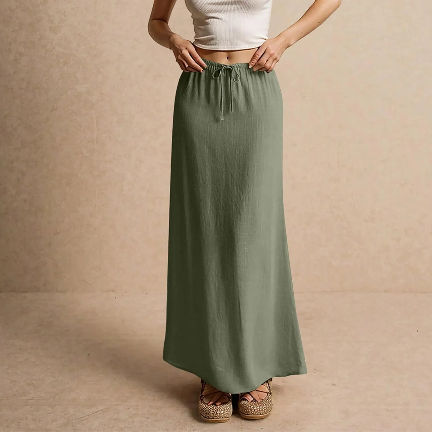 ZWRXW Linen Maxi Skirts for Women Cotton Linen Skirt Elastic Waist Drawstring Waist A Line Skirts Flowy Ankle-Length Skirt